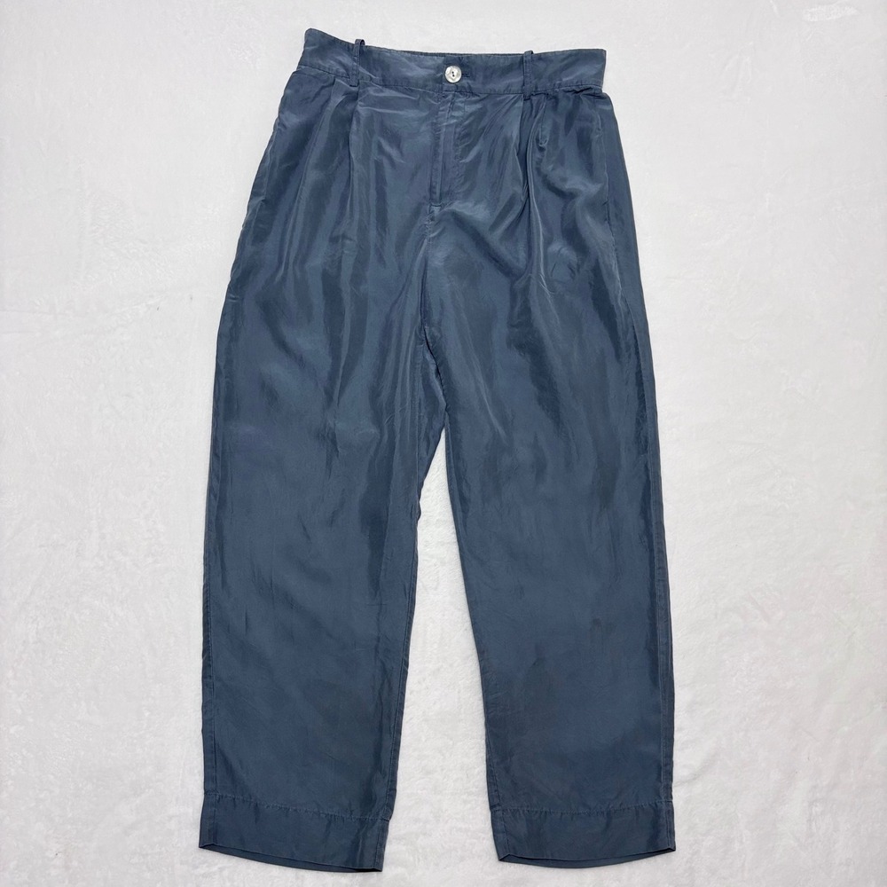 Vince Steel Blue Grey 100% Silk Pleated Trousers Size 8 Minimalist Quiet Luxury